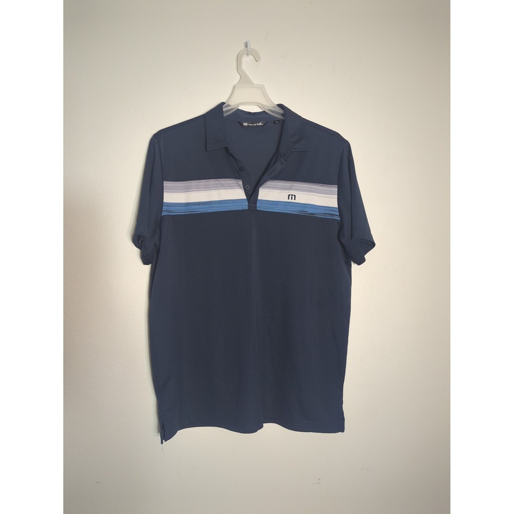 Travis Mathew Mens XL Navy Blue Striped Performance Golf Polo Shirt Athleisure